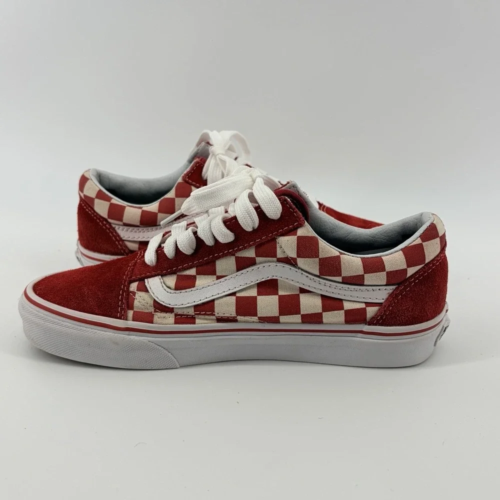 VANS OLD SKOOL CHECKERBOARD M 5.5/W 7 SUEDE‎ SKATEBOARD SHOES RED WHITE